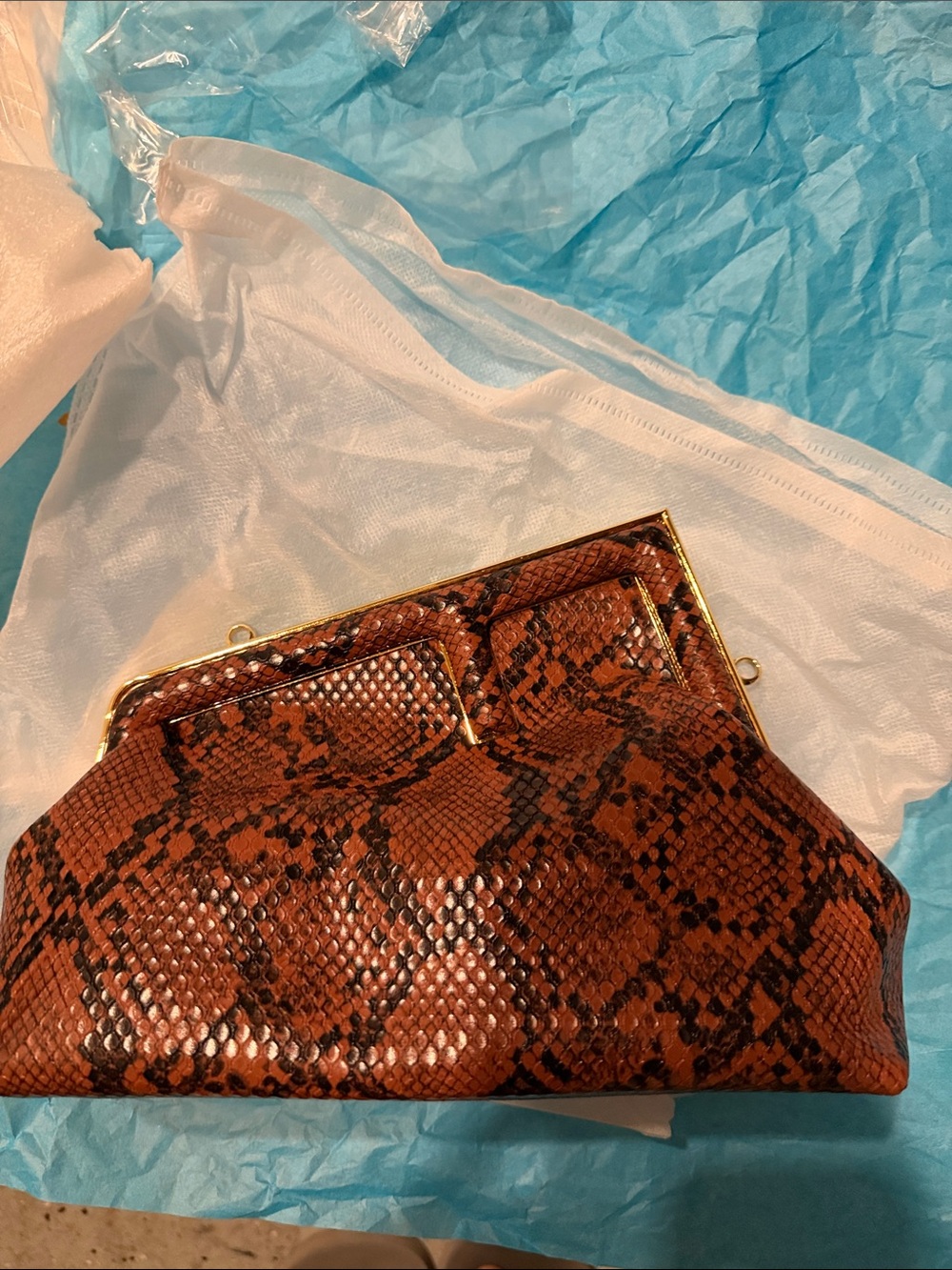 Brown Snake-Print Frame Clutch with Gold Trim